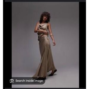 Luxe Satin Midi Skirt Champagne Slip Skirt Drape Waist Evening Occasion SZ8 NWOT